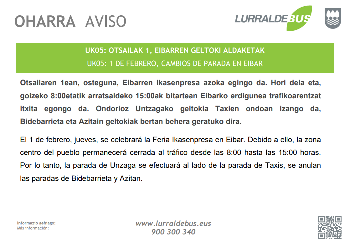 UK05 OTSAILAK 1, EIBARREN GELTOKI ALDAKETAK